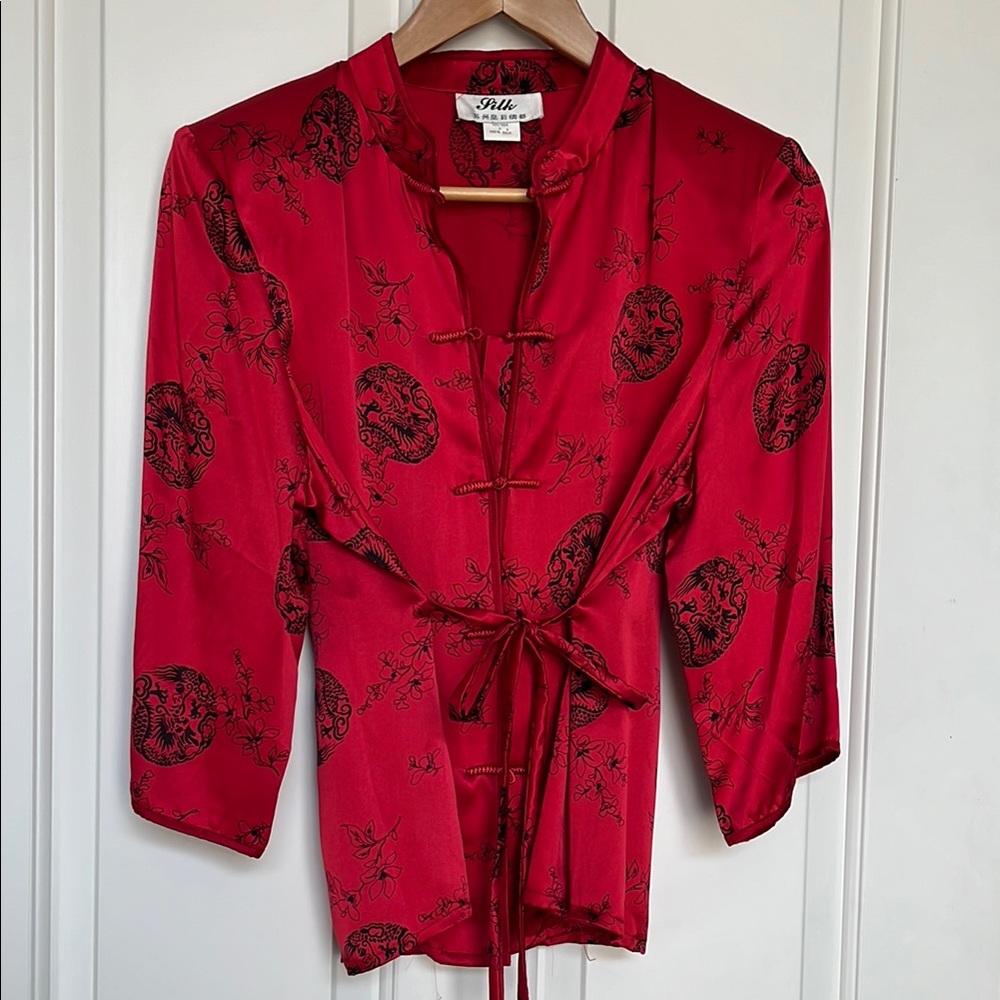 Silk Red Blouse with Black Floral Design NWOT
